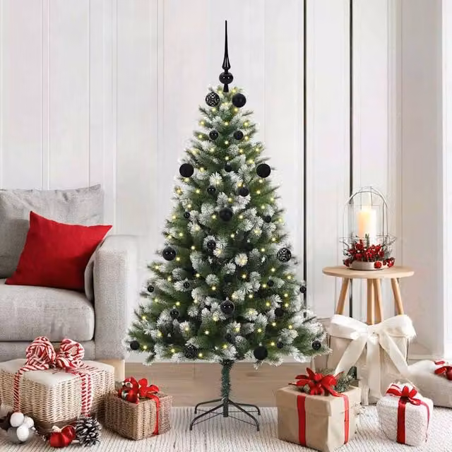 Berkfield Home Artificial Hinged Christmas Tree with Flocked Snow, Green, Height: 150 cm