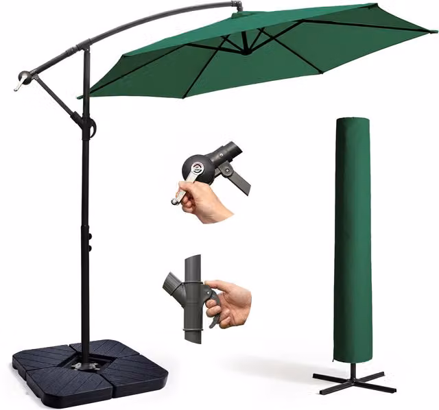 Keplin Green Cantilever Garden Parasol with Cover and 4pc Fillable Base Set