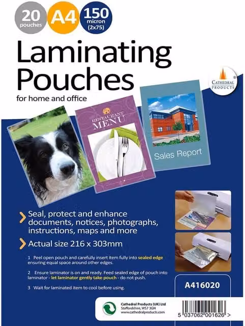 A4 Gloss Finish Laminating Pouches, Clear and White, 150 Micron, 20 Pack, Width: 30.3 cm