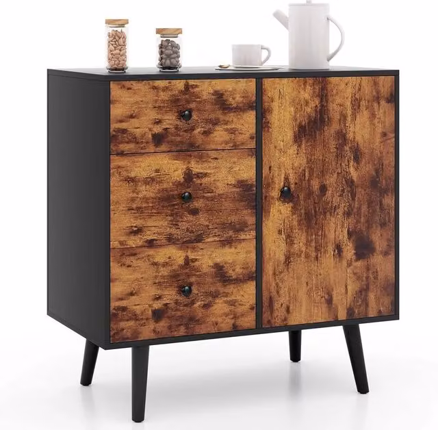 VOGREX Industrial Rubberwood Sideboard Cabinet with 3 Drawers and 1 Door in Brown