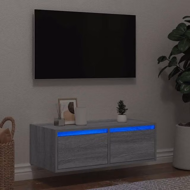 Berkfield Home Modern Wall Mounted TV Cabinet with Integrated LED Lights in Grey Sonoma, W: 75 cm, D: 35.5 cm, H: 25 cm – 1