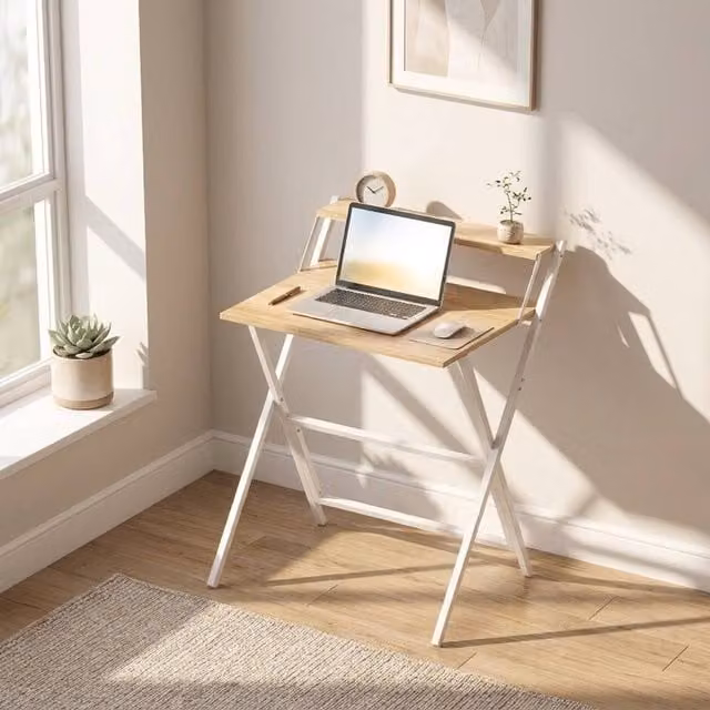 STILVORA Minimalist Computer Desk with Folding Top and X-Frame in Natural Wood and Metal – 1