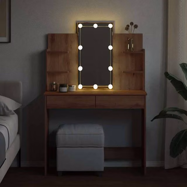 Berkfield Home Beautiful Dressing Table with LED Lights in Artisan Oak Brown, W/D/H: 96 x 40 x 142 cm