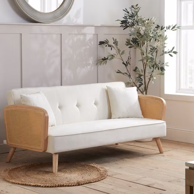 Birlea Lima 3 Seater Rattan Sofa Bed with White Boucle Fabric Click Clack Mechanism W/D/H: 177 x 85 x 78 cm – 1