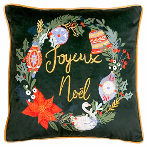 Riva Home Christmas Floral Velvet Cushion in Green and Gold, W/D/H: 43 x 43 x 43 cm