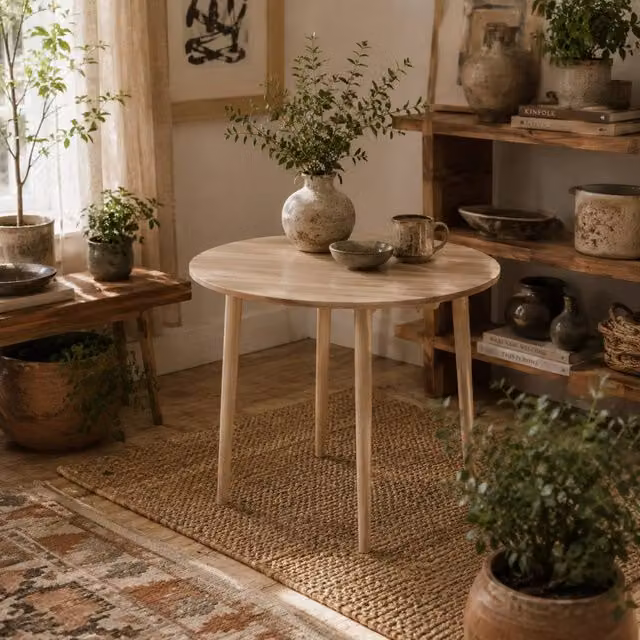 Wyld Haus Levadifi Natural Round Folding Dining Table with Drop Leaf for 4 Adults