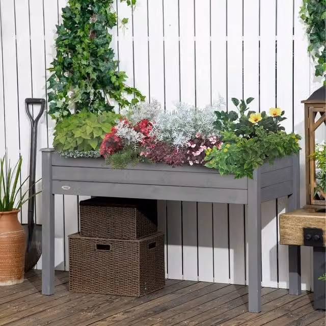 Outsunny Wooden Raised Bed Elevated Planter Box in Grey