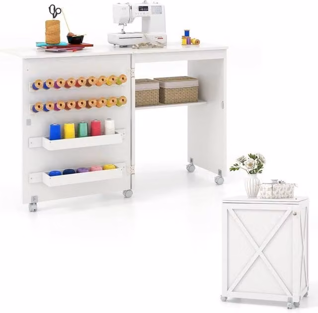 Gymax Folding Sewing Table and Cabinet in White with 18 Pegs, Storage Trays and Barn-door – 1