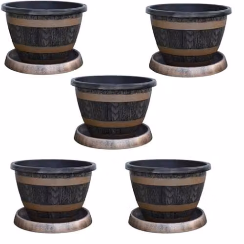 Thompson and Morgan Wooden Barrel Effect Patio Pot and Saucer in Brown Plastic, Diameter: 39 cm – 1