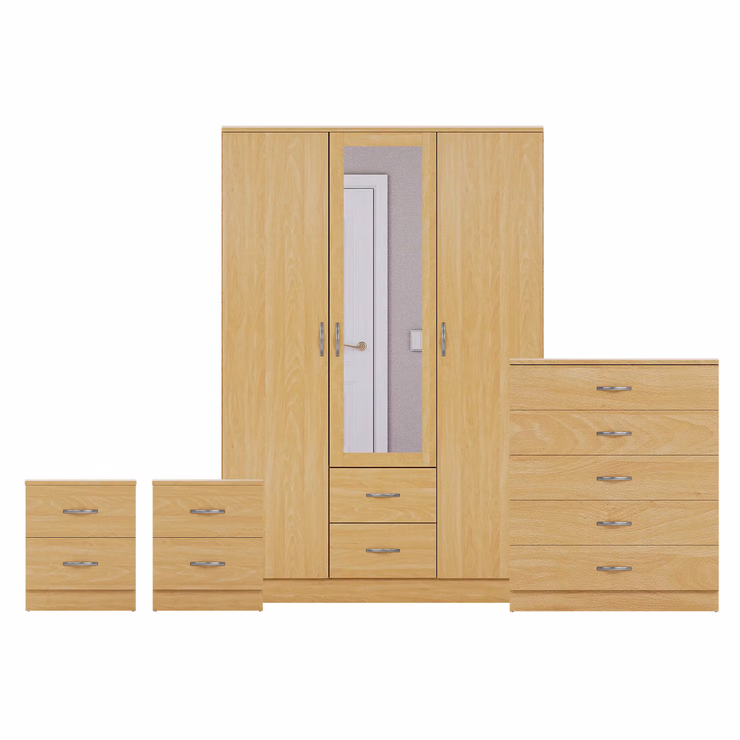 Vida Designs 4 Piece Modern Bedroom Set in Brown featuring 2 Bedside Tables, 5 Drawer Chest and 3 Door Mirror Wardrobe – 2