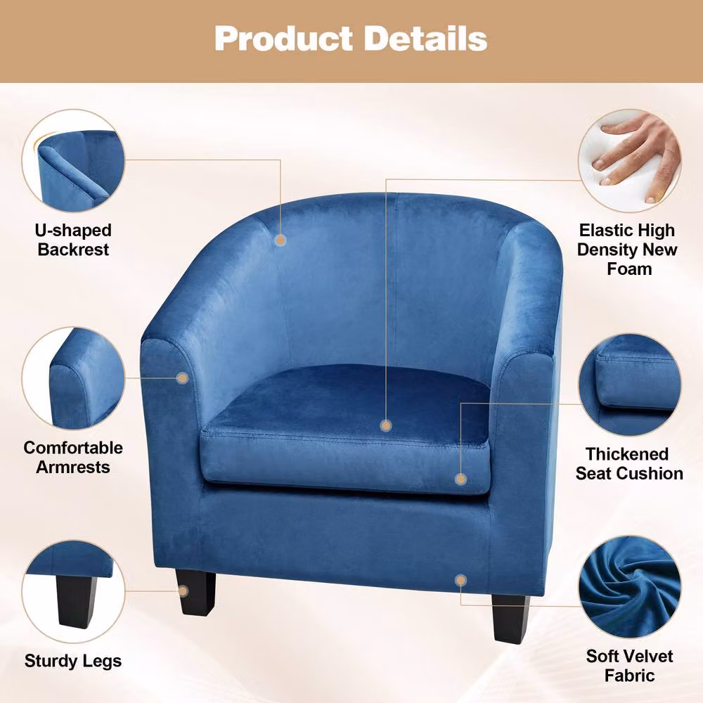 Alivio Modern Blue Velvet Tub Accent Chair with Solid Wood Frame and Foam Cushion – 5