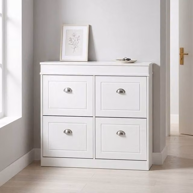 STILVORA Modern White Shoe Cabinet with 4 Internal Drawers and Adjustable Shelves