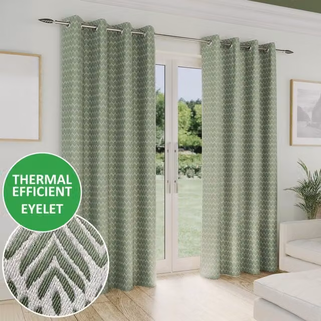 Enhanced Living Green Graphic Eyelet Curtains, Opaque, Height: 183 cm, Width: 117 cm