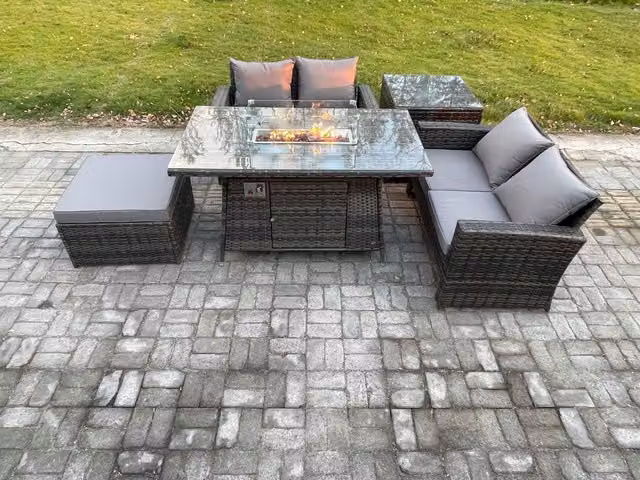 Fimous 5 Piece Poly Rattan Garden Furniture Set with Gas Firepit Dining Table, Sofa, Side Table and Large Footstool in Dark Grey