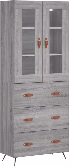Berkfield Home Sonoma Highboard in Grey with Glass Doors and Internal Shelves, W/D/H: 69.5 x 34 x 180 cm