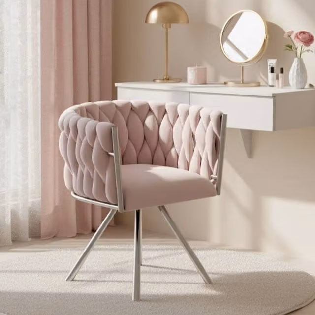 BTM Pink Velvet Swivel Chair with Armrests and Metal Legs