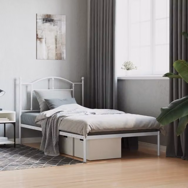 Berkfield Home Metal Bed Frame with Headboard in White, W: 100 cm, L: 190 cm
