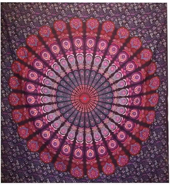 KDMD Double Cotton Bedspread and Wall Hanging Set in Purple Peacock Mandala Design – 1