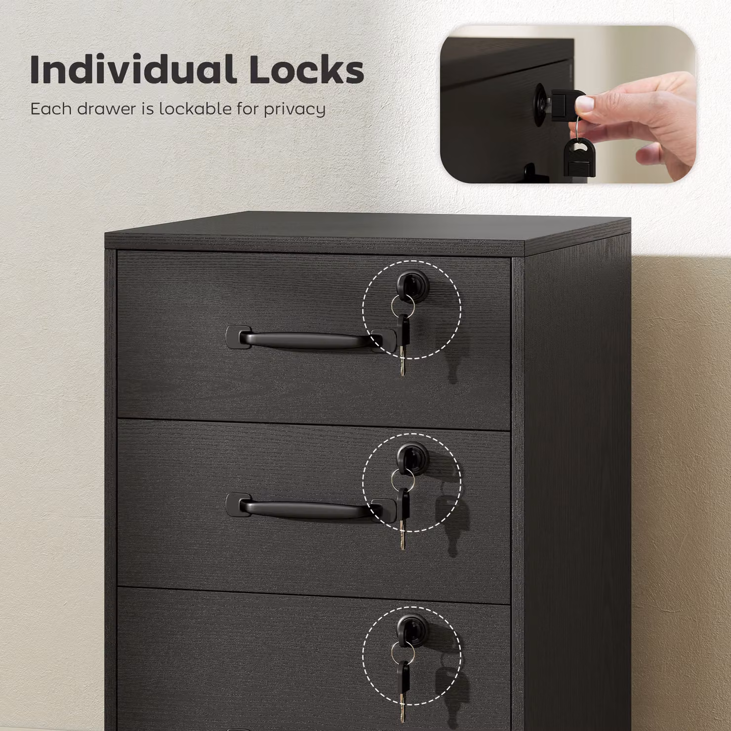 HOMCOM Three Drawer Black Wood-Effect Filing Cabinet with Castors – 7