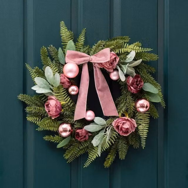 Scottish Everlastings Ltd Dusky Rose Floral Wreath with Pink Velvet Bow, Diameter: 50 cm – 1