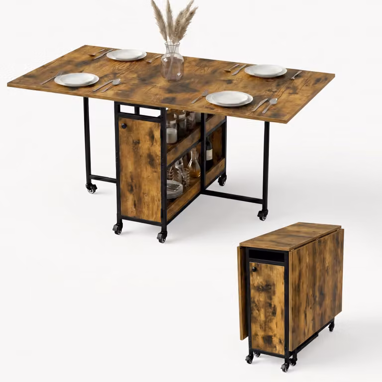 Stovra Rustic Folding Rectangular Dining Table with Butterfly Leaf and Castors in Black and Brown, W/D/H: 152 x 80 x 76 cm