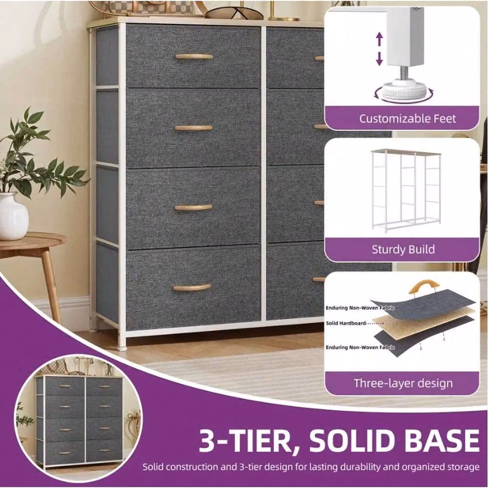 VOGREX 8 Drawer Bedroom Storage Chest with Black Steel Frame and Dark Grey Fabric Drawers – 4