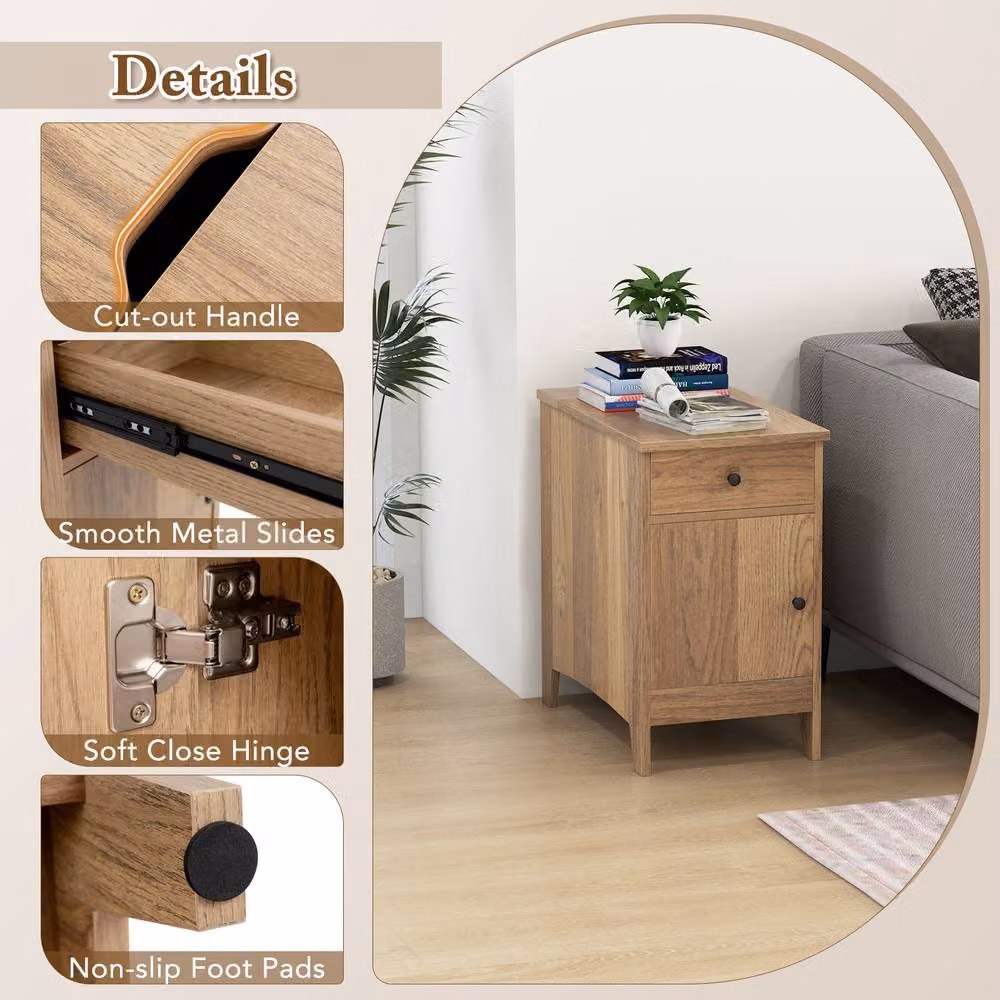 Costway Narrow Nightstand End Table with Charging Station in Natural Wood – 3