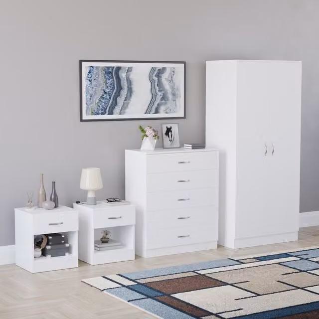 Vida Designs Riano 4 Piece Modern White Bedroom Set including 2 x 1 Drawer Bedside Chests, 5 Drawer Chest and 2 Door Wardrobe