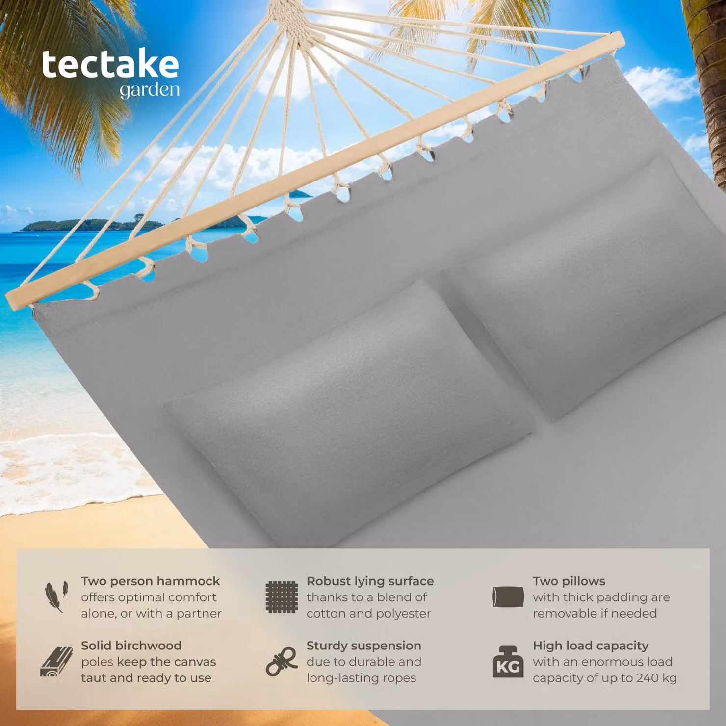 tectake Hammock Eden 2 Seater with Spreader Bars in Light Grey – 2