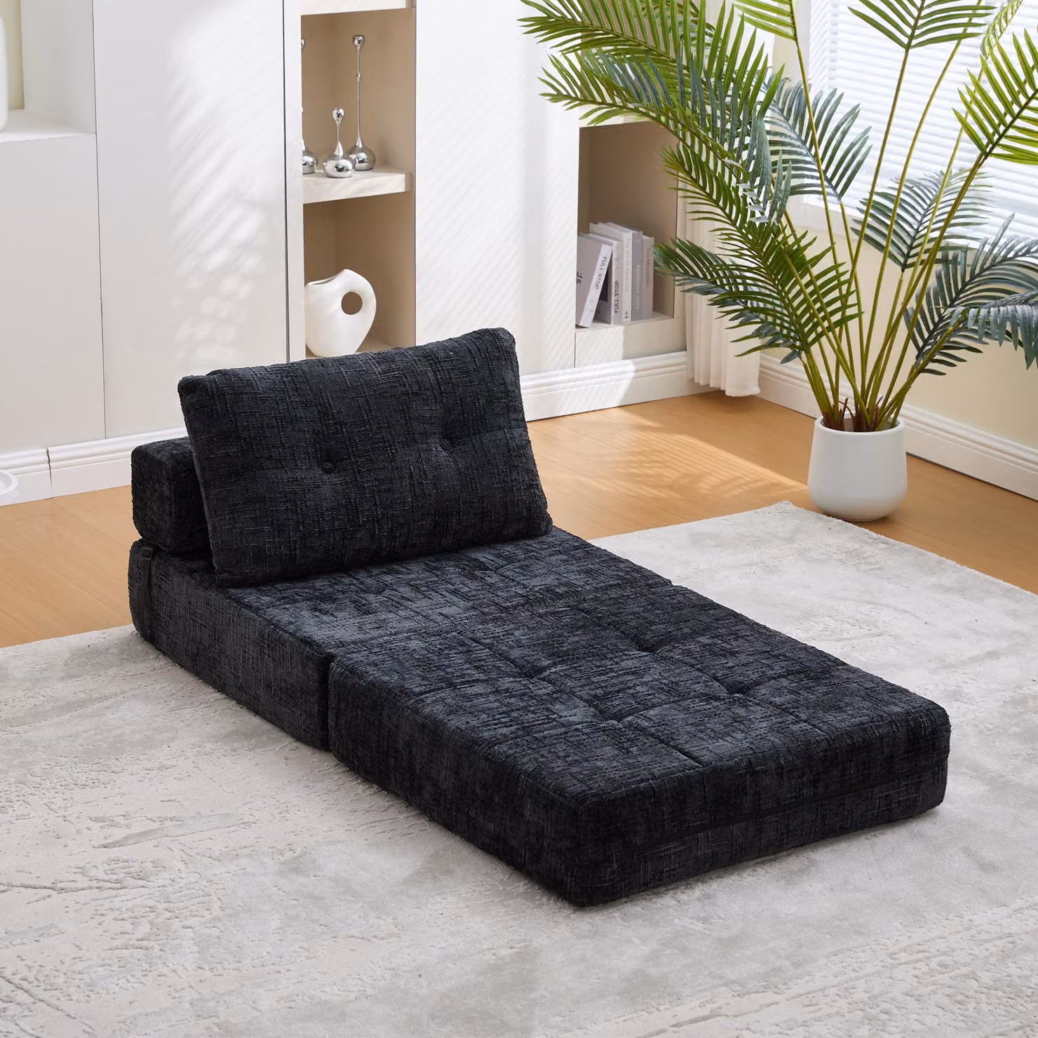 Aosom UK Black Chenille Convertible Floor Sofa Bed with Button-Tufted Detailing, W: 79 cm, D: 180 cm, H: 57 cm – 5