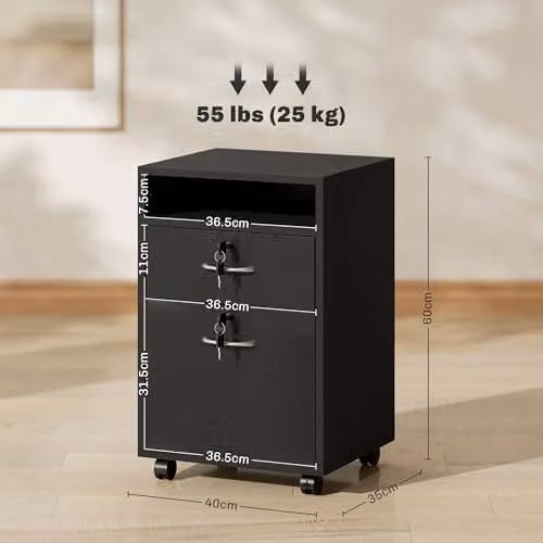 HOMCOM Lockable Filing Cabinet with 2 Drawers and Open Shelf in Black – 3