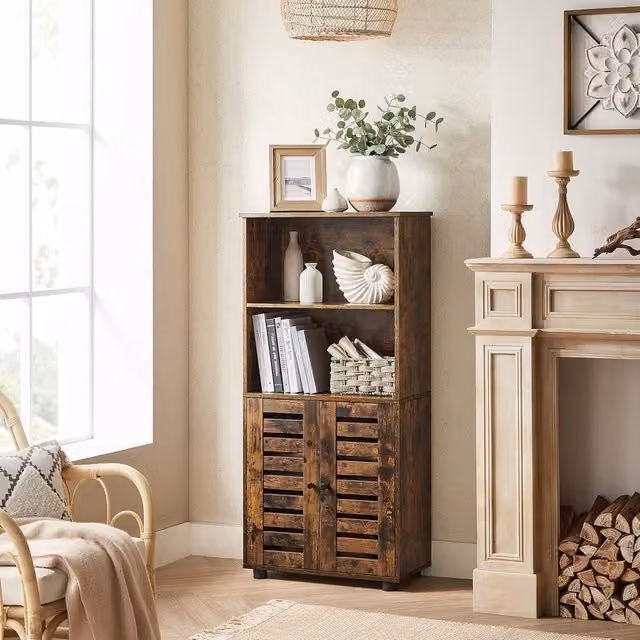The Bazaarist Rustic Brown Kitchen Storage Cabinet with Louvered Doors and Open Shelves, W/D/H: 125.0 x 30.0 x 60.0 cm