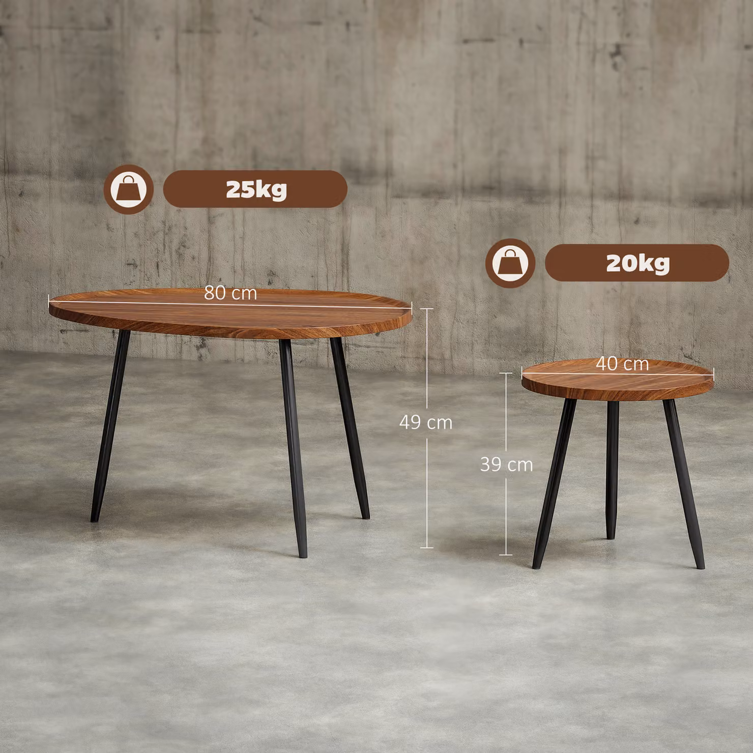 HOMCOM Nesting Coffee Table Set of 2, Modern Stacking Side Tables with Metal Legs in Chestnut Wood Effect and Black – 3