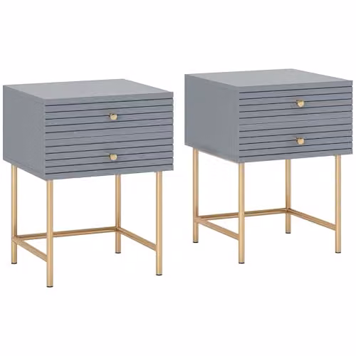 HOMCOM Set of 2 Modern Grey Bedside Tables with 2 Drawers and Gold Steel Legs