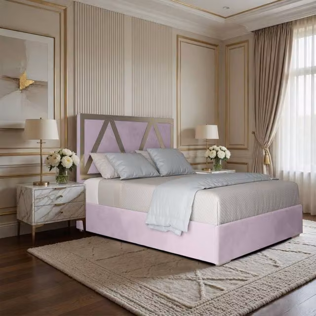 KDMD Exbourne Pink Velvet Upholstered Metal Designer Bed Frame, Size: Small Double (120 x 200 cm)