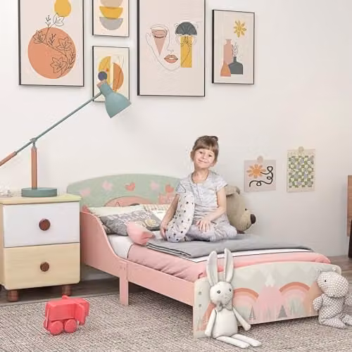 ZONEKIZ Pink Toddler Bed Frame for Children, W/D/H: 143 x 77 x 60 cm