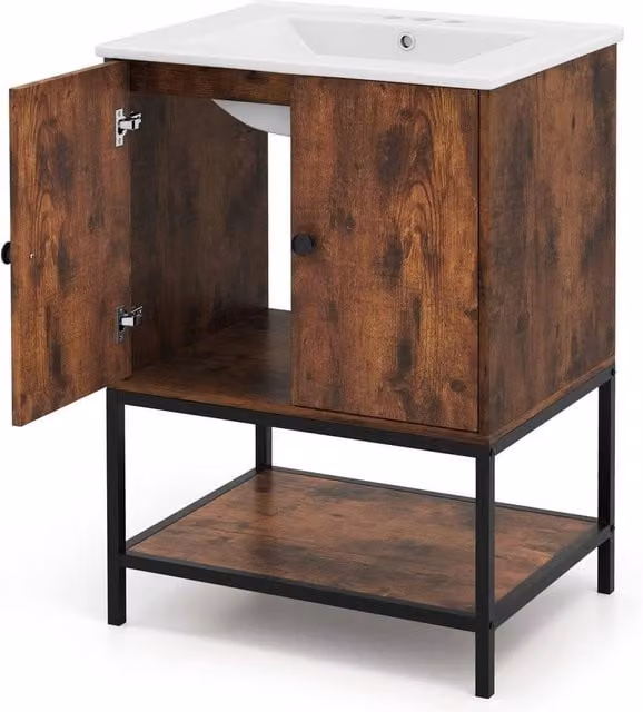 Kelvenix Modern Under Sink Bathroom Storage Cabinet with Ceramic Sink in Brown – 1