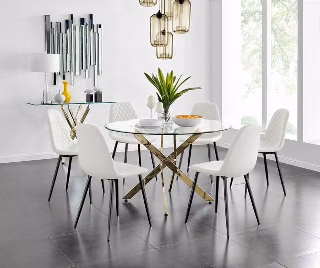 FurnitureboxUK Novara Gold Round Glass Dining Table with 6 White Corona Black Leg Chairs
