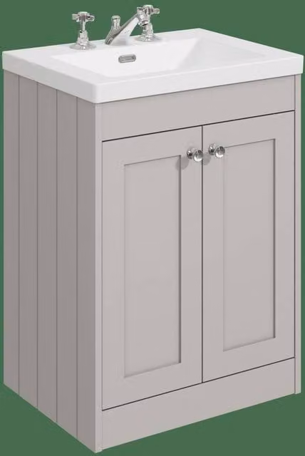 Balterley 600mm Floor Standing 2 Door Bathroom Unit with 3 Tap Hole Basin in Pebble Grey