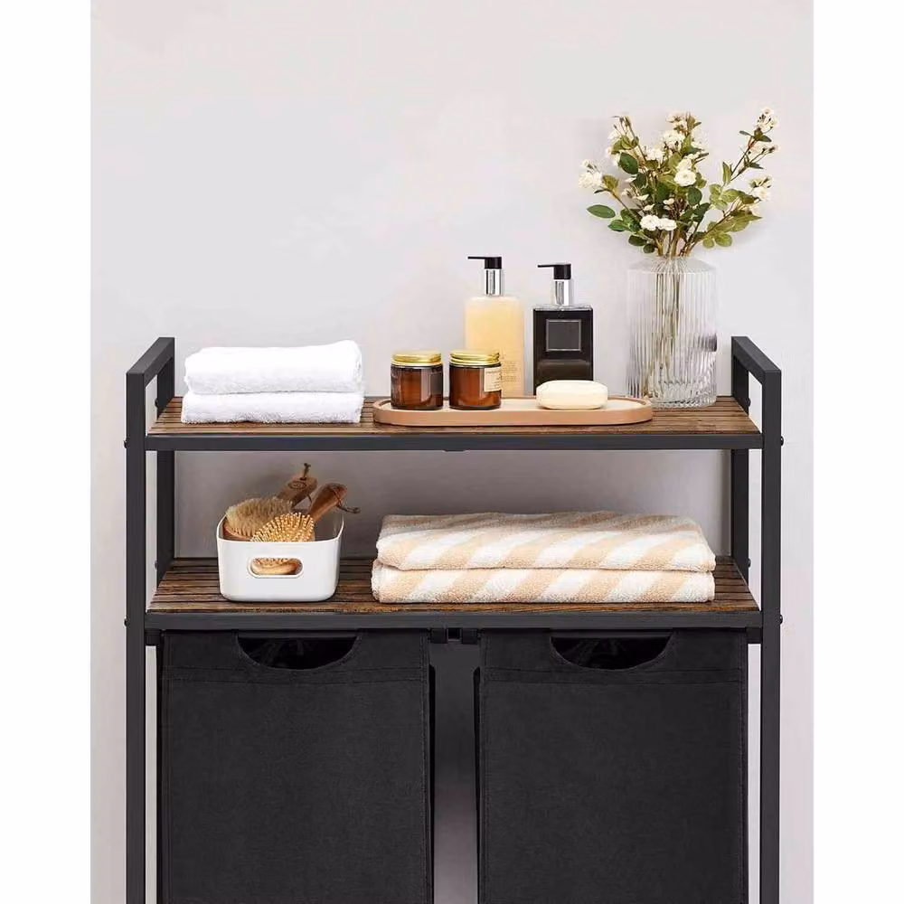 The Bazaarist Double Laundry Hamper with Pull Out Removable Bags and Shelves, Brown and Black – 6