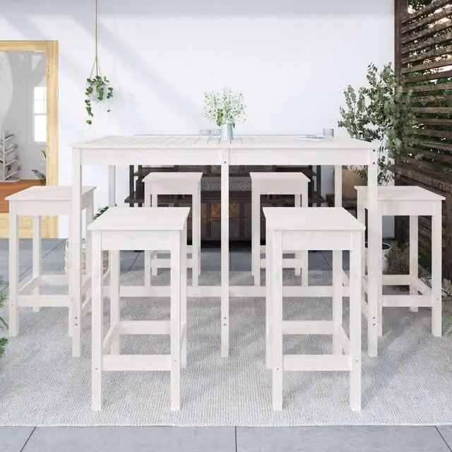 Berkfield Home Beautiful 7 Piece White Solid Wood Pine Garden Bar Set W/D/H: 110.0 x 159.5 x 82.5 cm