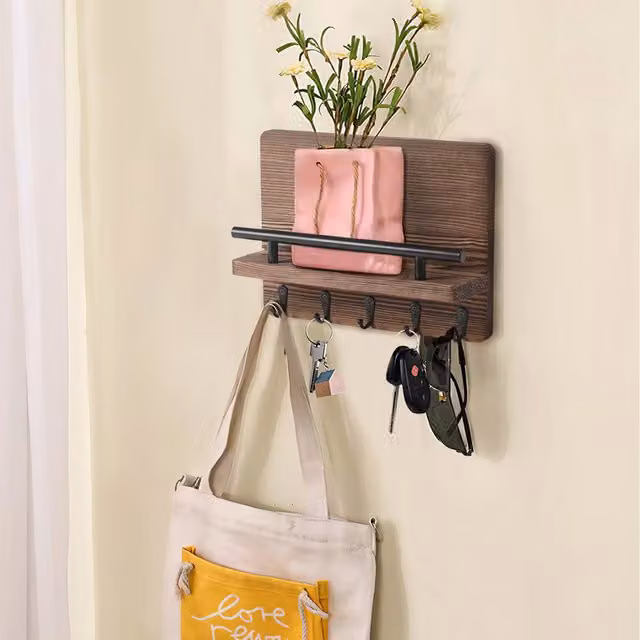 Komore Rustic Brown Solid Wood Wall Mounted Floating Shelf with Hooks and Back Panel