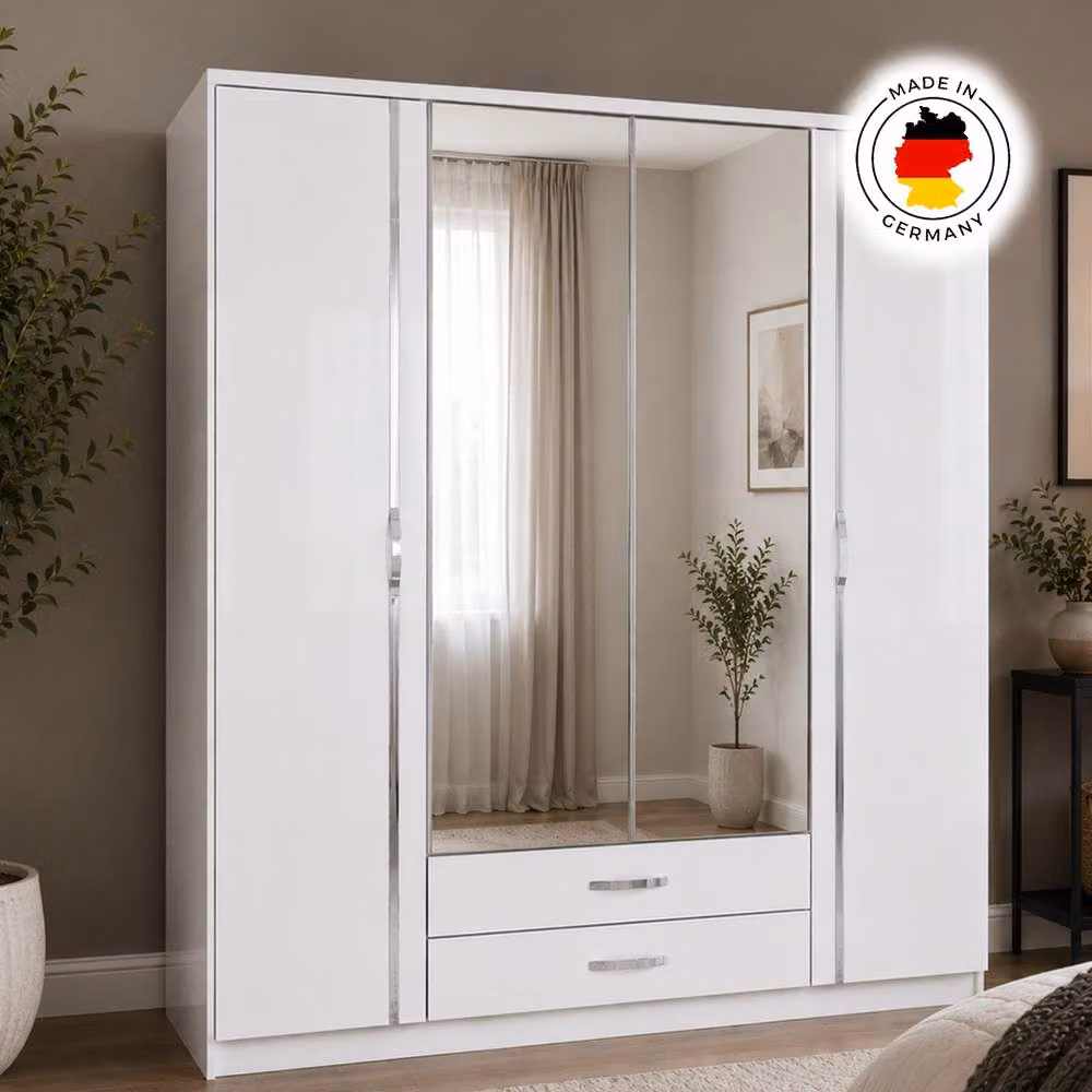 KDMD Trio 4 Door Mirrored Wardrobe in Gloss White with Integrated Drawers – 2