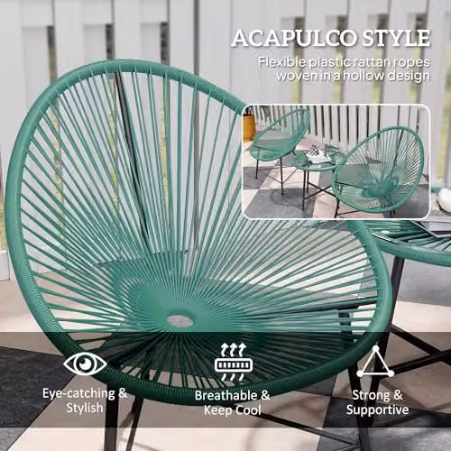Outsunny 3 Piece Rattan Bistro Set with Acapulco Chairs and Glass Table, Green – 3