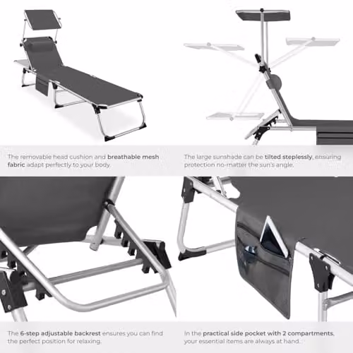 tectake Aurelie Folding Sun Lounger in Grey with Powder Coated Aluminium Frame, Sun Canopy and Adjustable Headrest – 4