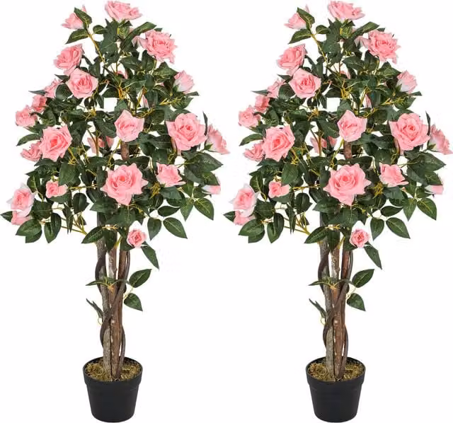 HOMCOM Set of Two Pink Faux Rose Potted Plants for Tabletop
