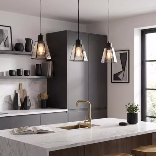 Happy Homewares Industrial Hexagonal Lantern Pendant Lamp Shade with Transparent Glass Panels in Black, W/D/H: 14 x 16 x 16 cm – 2