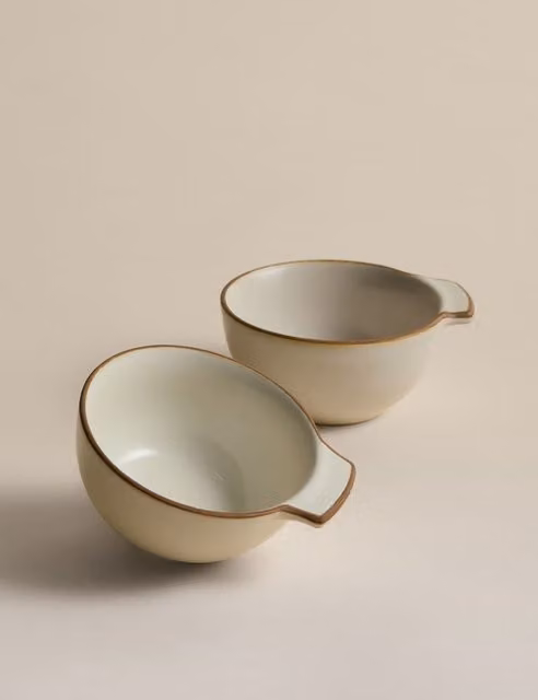 M&S Set of 2 Small Handle Picky Bits Bowls in Beige and White Stoneware