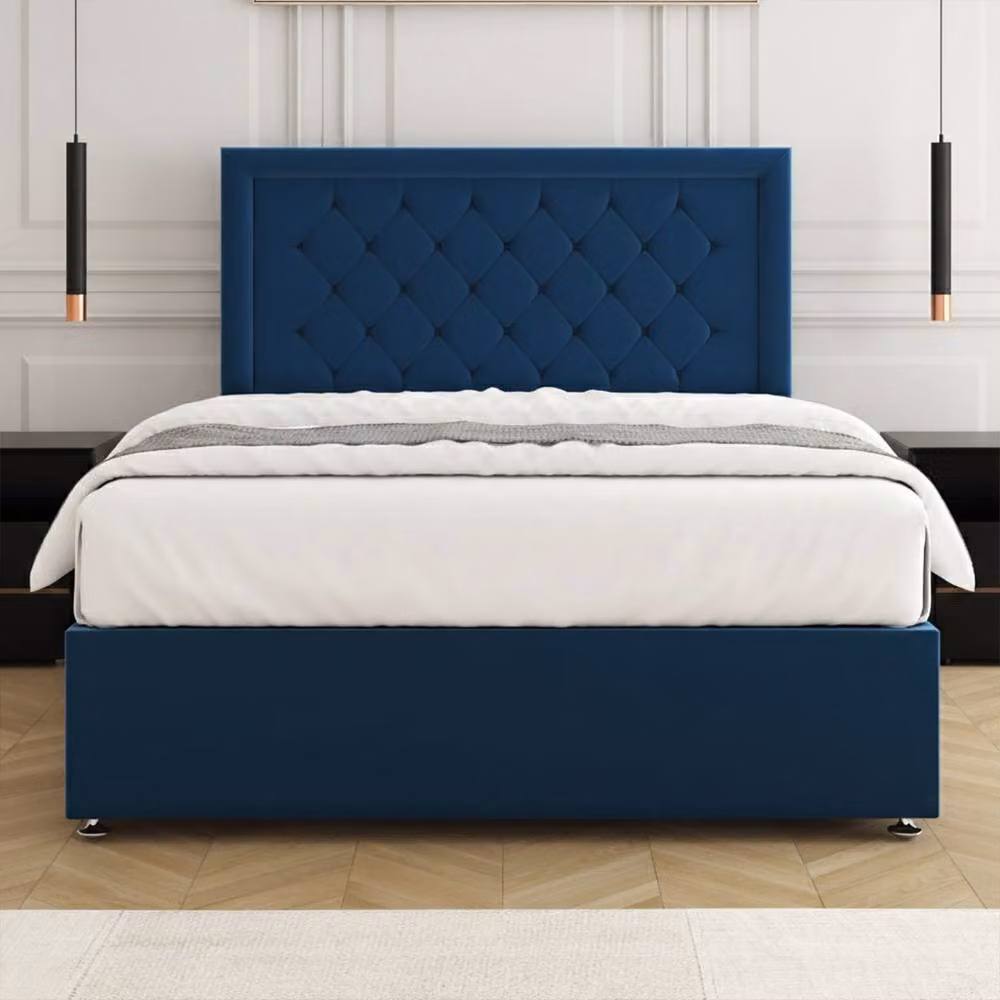 Regional Furnishings Blue Plush Velvet Double Divan Bed Base with 24 Inch Headboard – 2
