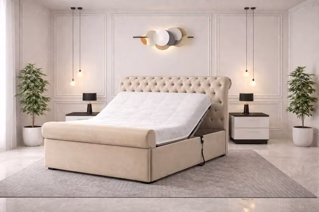 Paradise Beds Ltd Super King Electric Adjustable Bed with Spring Mattress and Matching Upholstered Headboard in Beige and Silver Fabric